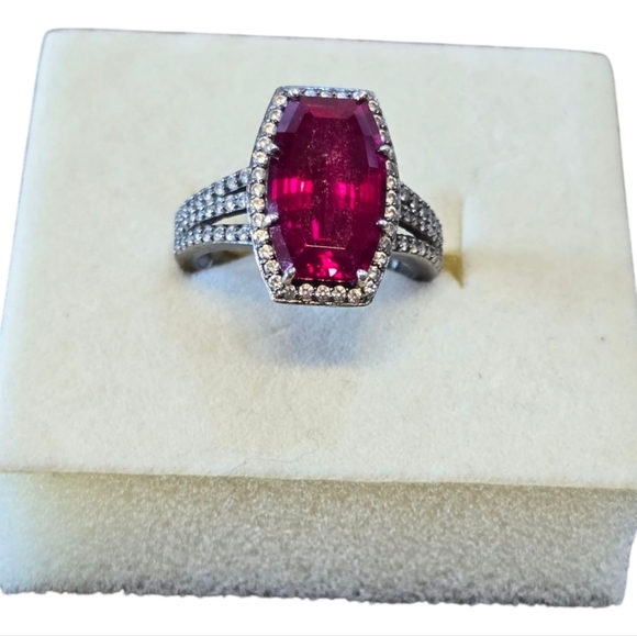 Jean Dousset Black Rhodium Sterling Silver Emerald Cut Red Crystal Ring 9 - Picture 2 of 8